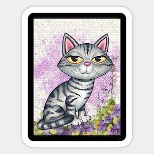 Cute Gray Tabby Kitty with purplish background and flowers Sticker